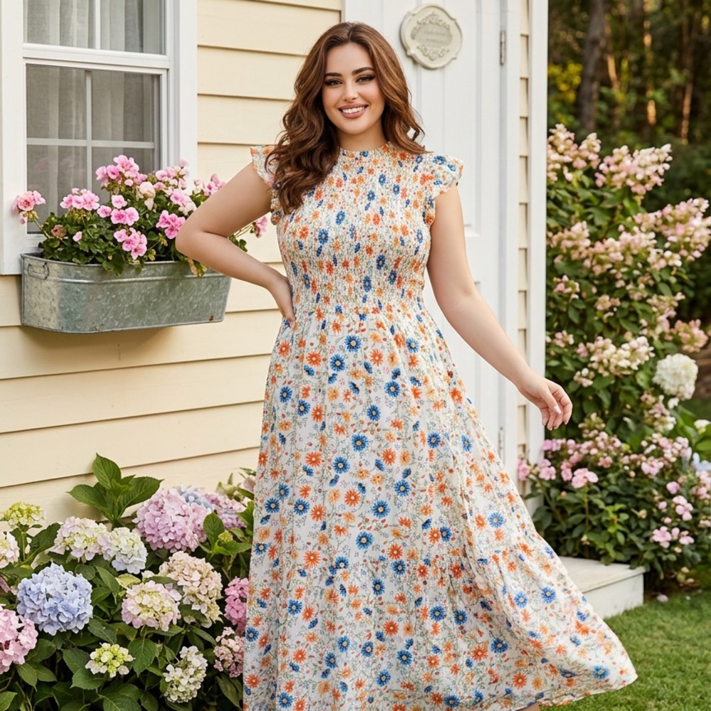Loft Smocked Floral Maxi Dress in White with Blue & Orange Flowers